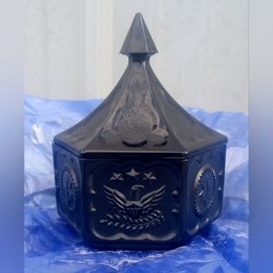 Vintage Tiara Indiana Black Glass Lidded Candy Dish Eagle and Star Hexagon 1970s